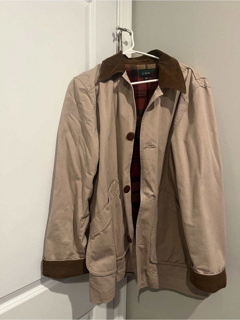 J. Crew Men’s Tan Cotton Barn Coat with Brown Corduroy Trim